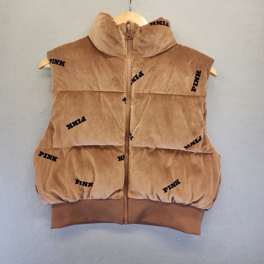 PINK Victoria's Secret Corduroy Puffer Vest Brown Logo Print Full Zip Med NWOT